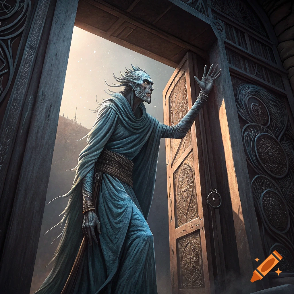 A tall creature in robes stands in an ornate doorway.