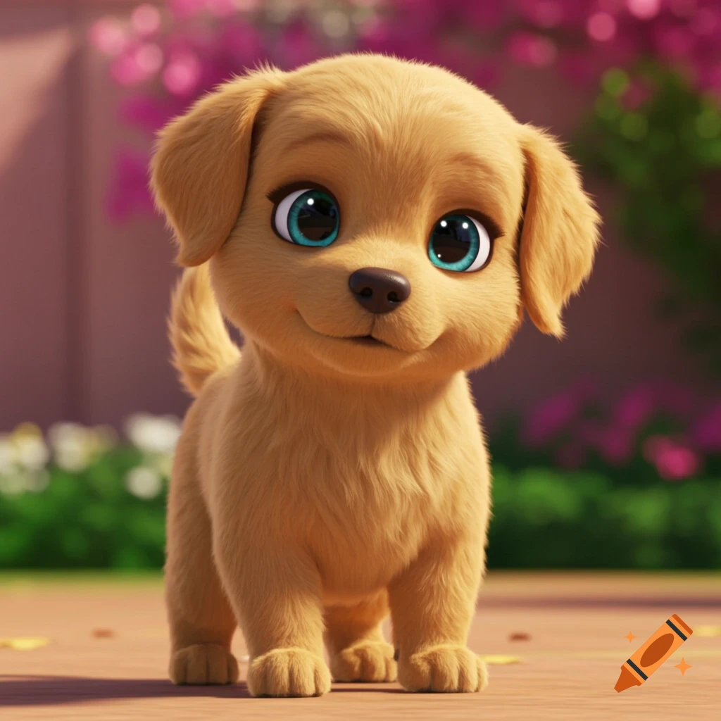 Cute cartoon puppy with big blue eyes in a garden, Barbie movie style