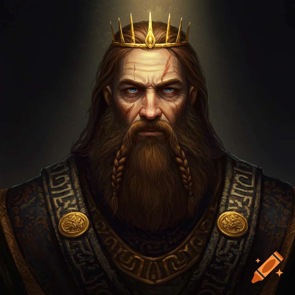 A man with a beard, braids, blue eyes, and a gold crown.