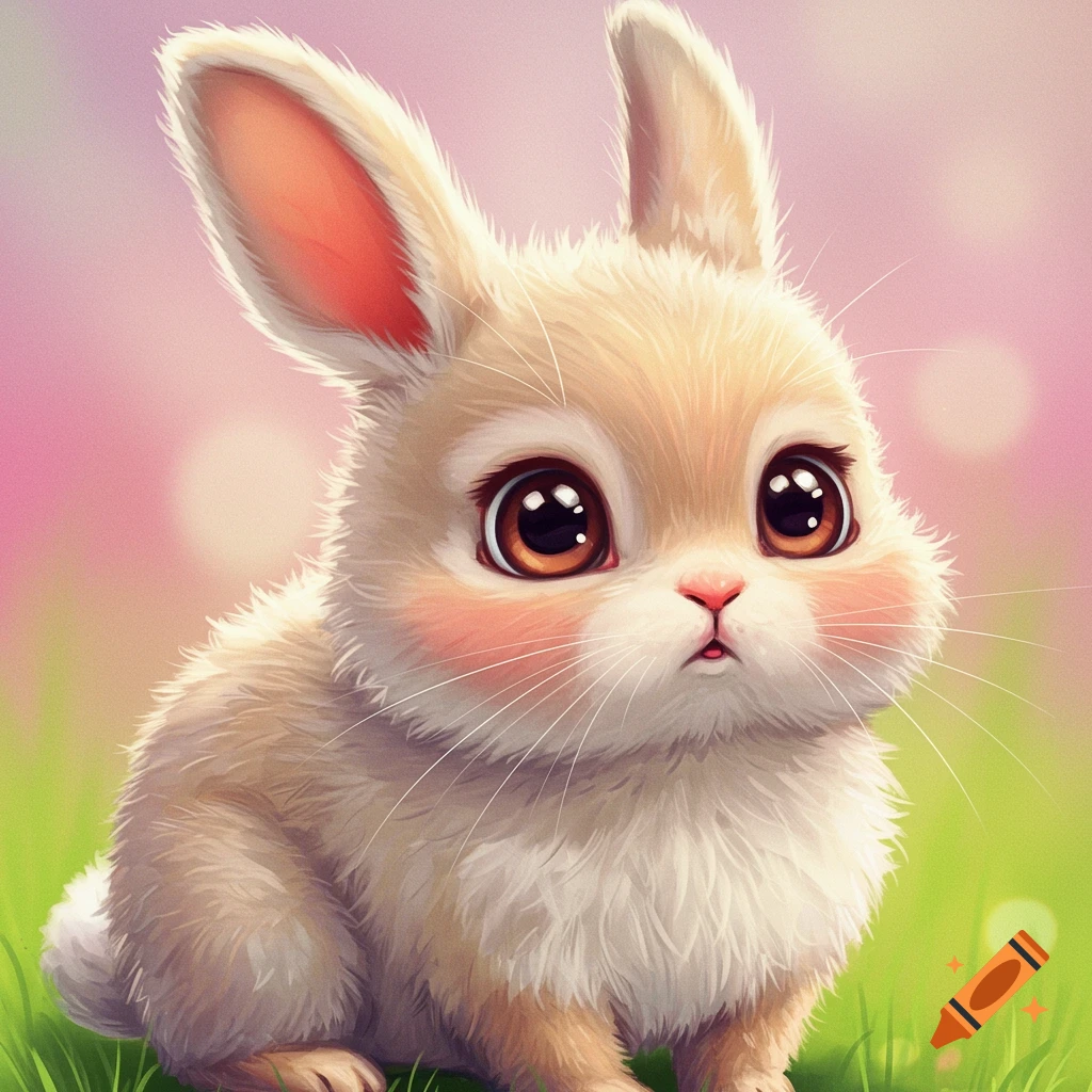 A cute, fluffy bunny with large eyes sits in grass against a pink background.