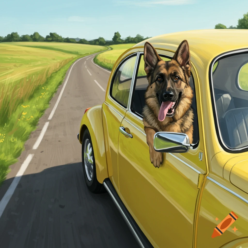 A German Shepherd dog hanging its head out the window of a yellow car driving on a road.