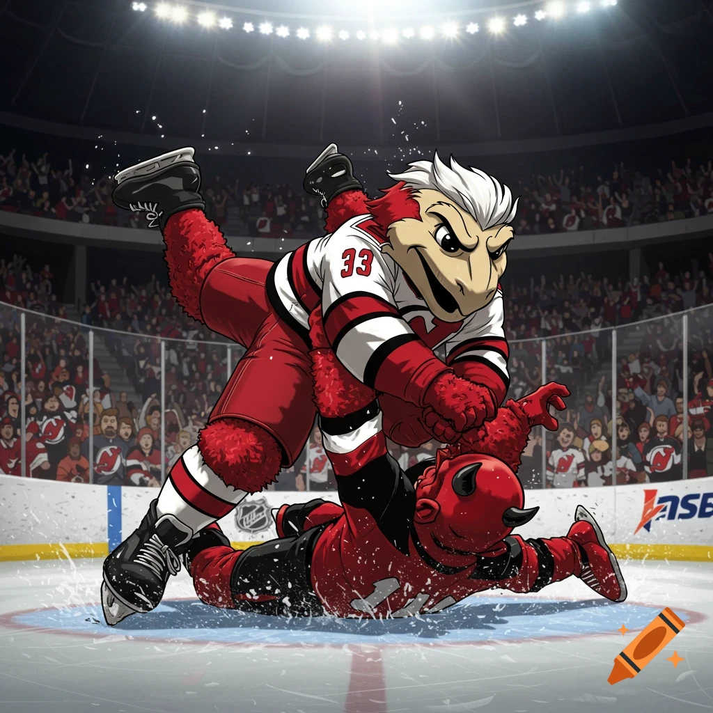 Two sports mascots wrestling on an ice hockey rink.