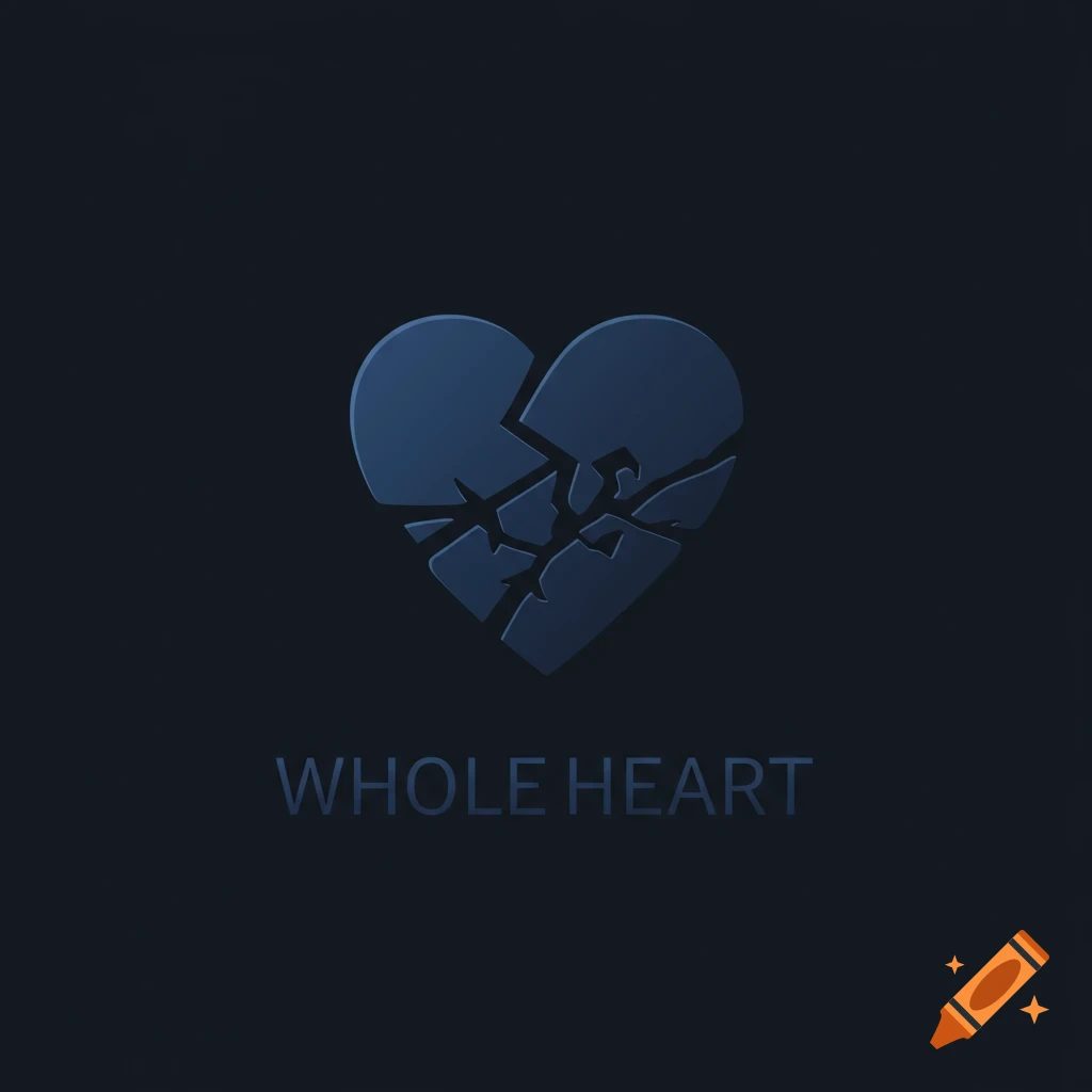 Stylized dark blue broken heart logo above the text WHOLE HEART on a dark background