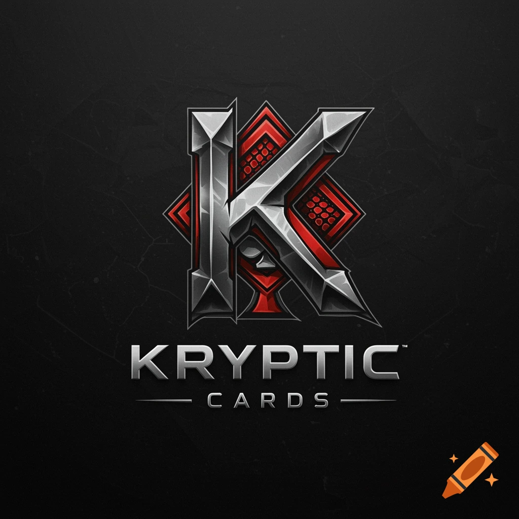 Logo design featuring a stylized silver and red 'K' intertwined with card elements, with the text KRYPTIC CARDS below on a dark background.