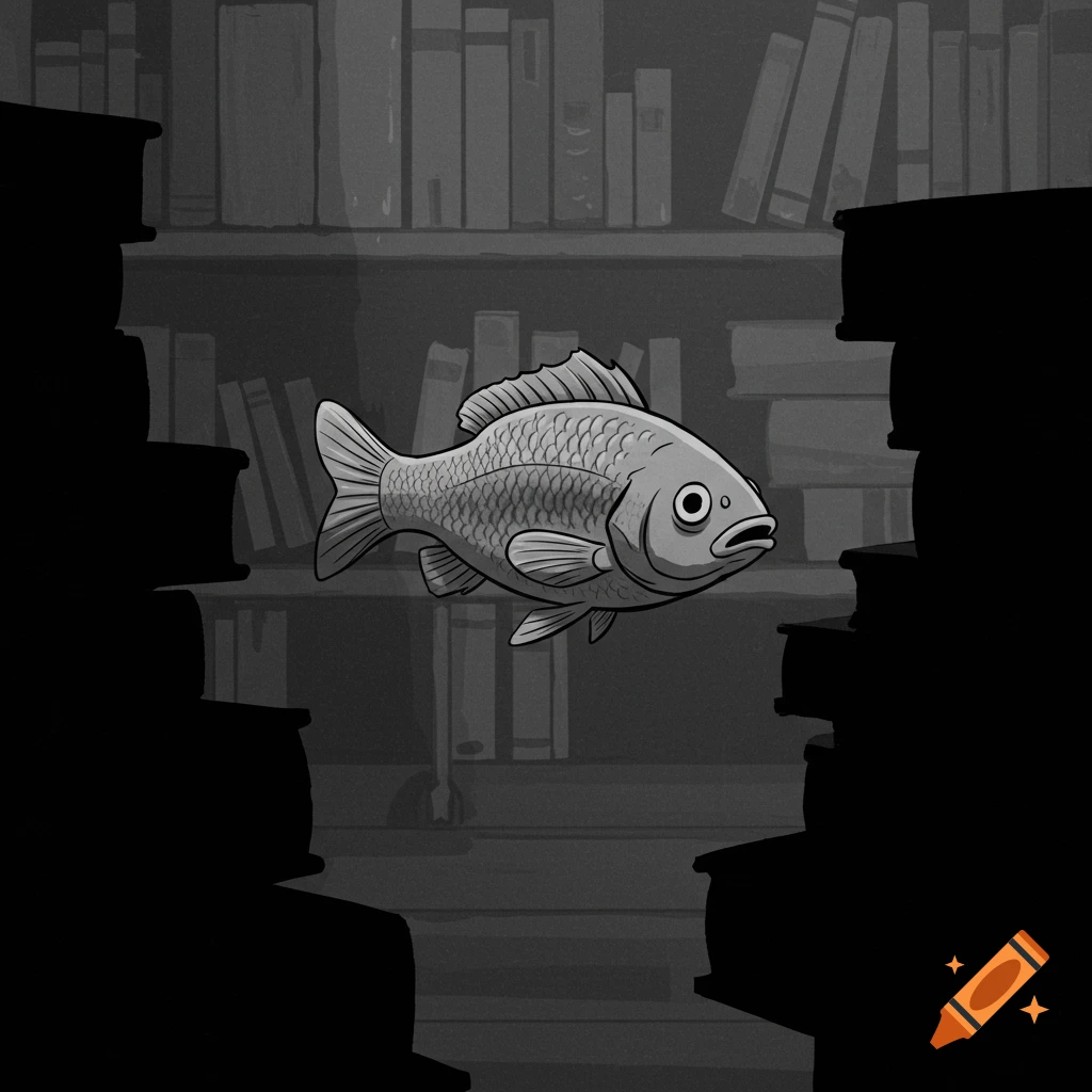 A grayscale illustration of a fish swimming in front of blurred bookshelves, framed by dark stacks of books.