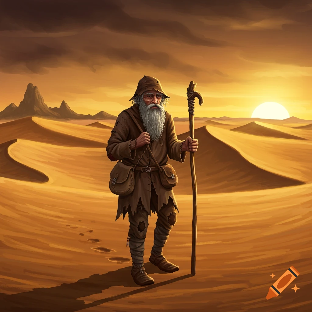 An old man wanders a desert at sunset, holding a staff.
