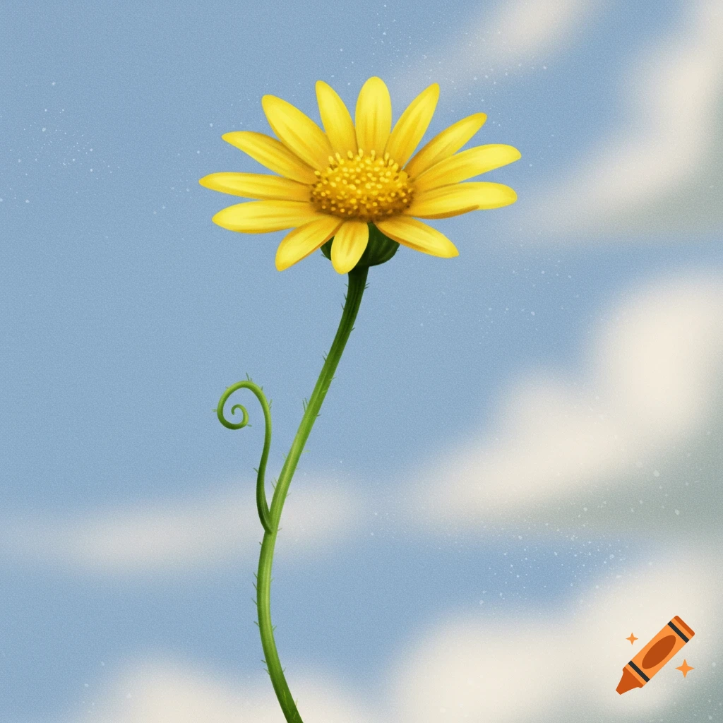A yellow flower with a curly stem against a blue sky.