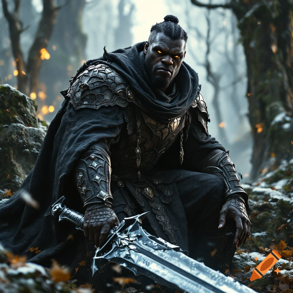A dark-skinned man in dark fantasy armor with glowing eyes kneels in a snowy forest holding a large sword.
