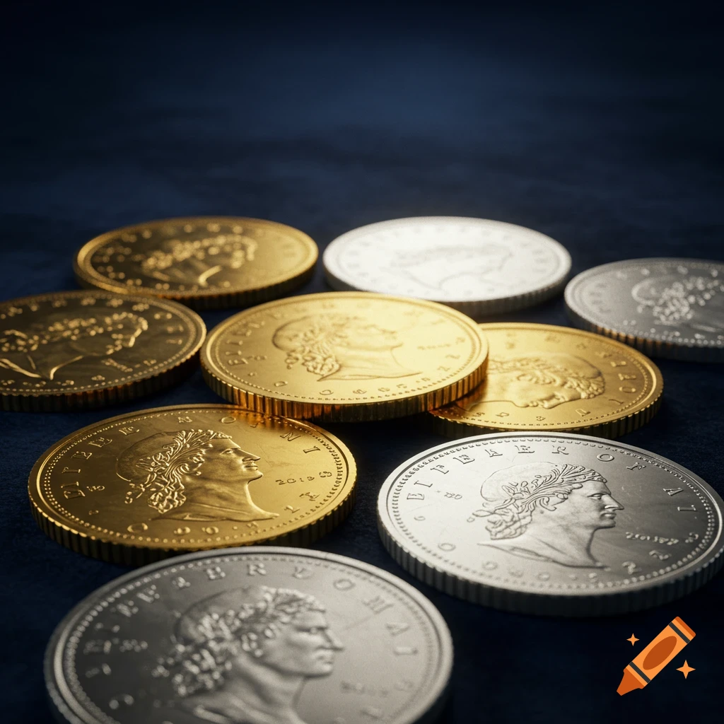 Close-up of scattered gold and silver coins on a dark surface.