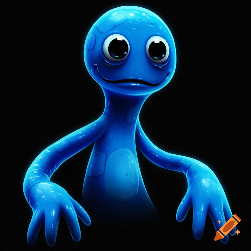 A blue cartoon monster with large eyes on a black background