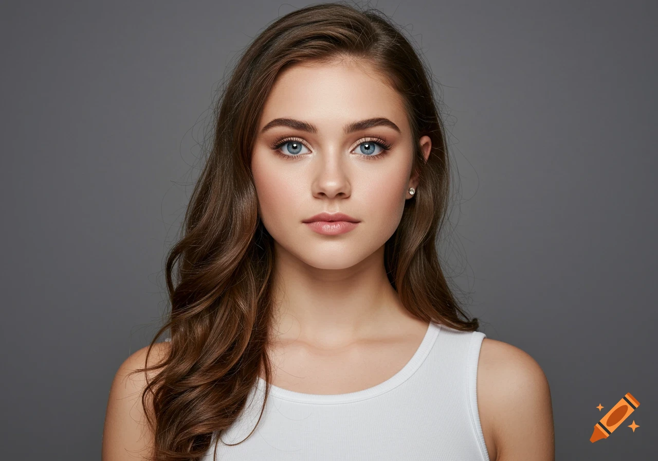 Close-up photorealistic portrait of a young woman with blue eyes and brown hair against a gray background.