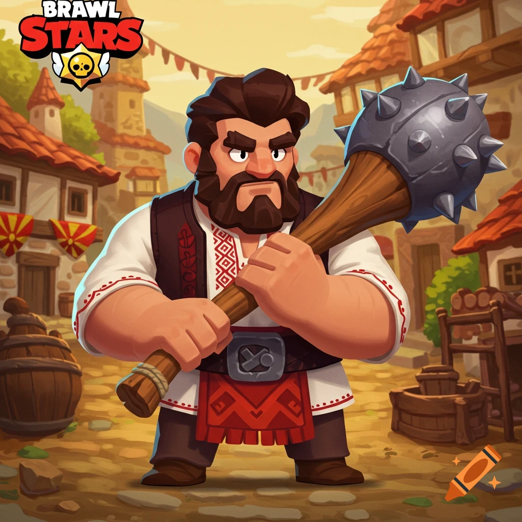 Cartoon character in Brawl Stars style, a bearded man in traditional clothing holding a spiked club.