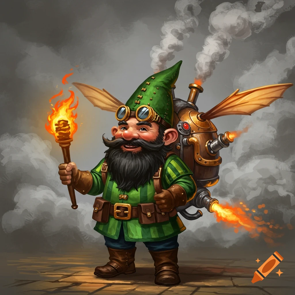 A cheerful steampunk gnome with a jetpack holding a torch.