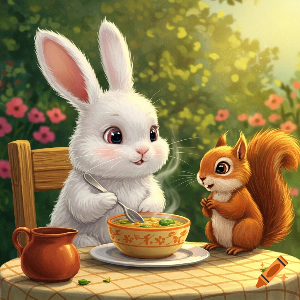 A rabbit and squirrel sharing soup at a table in a garden