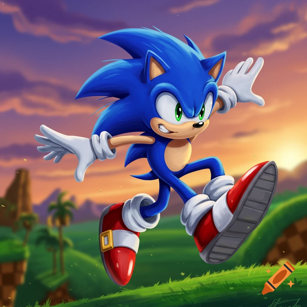Sonic the Hedgehog runs through a grassy landscape at sunset.