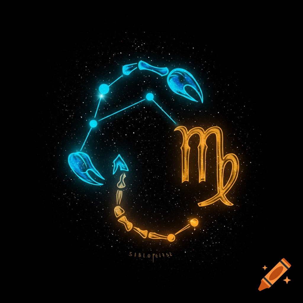Blue Scorpio constellation merging with an orange Virgo symbol against a starry background.