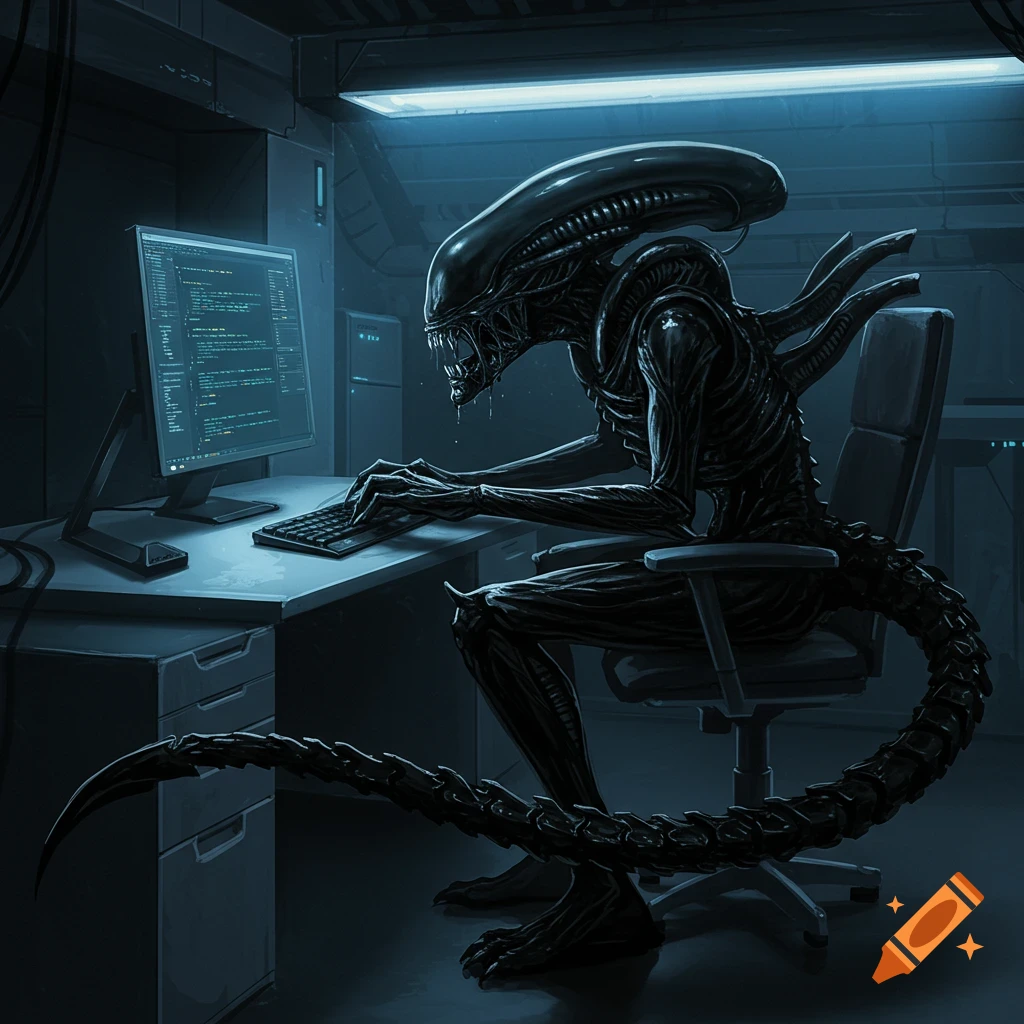 A black Xenomorph creature is sitting at a desk, typing on a computer with code on the screen, in a dark room.