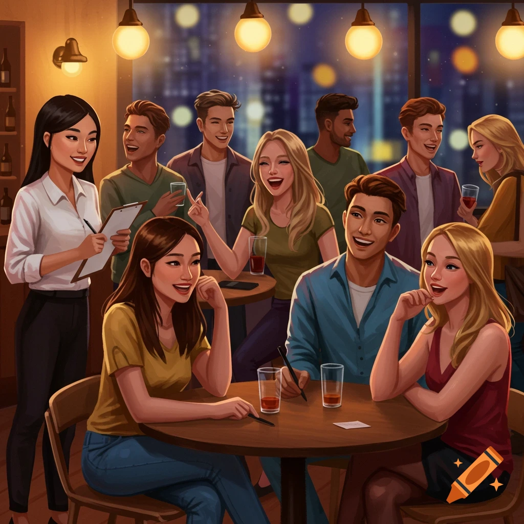 Diverse people are gathered at tables in a bar, engaged in conversation and smiling.
