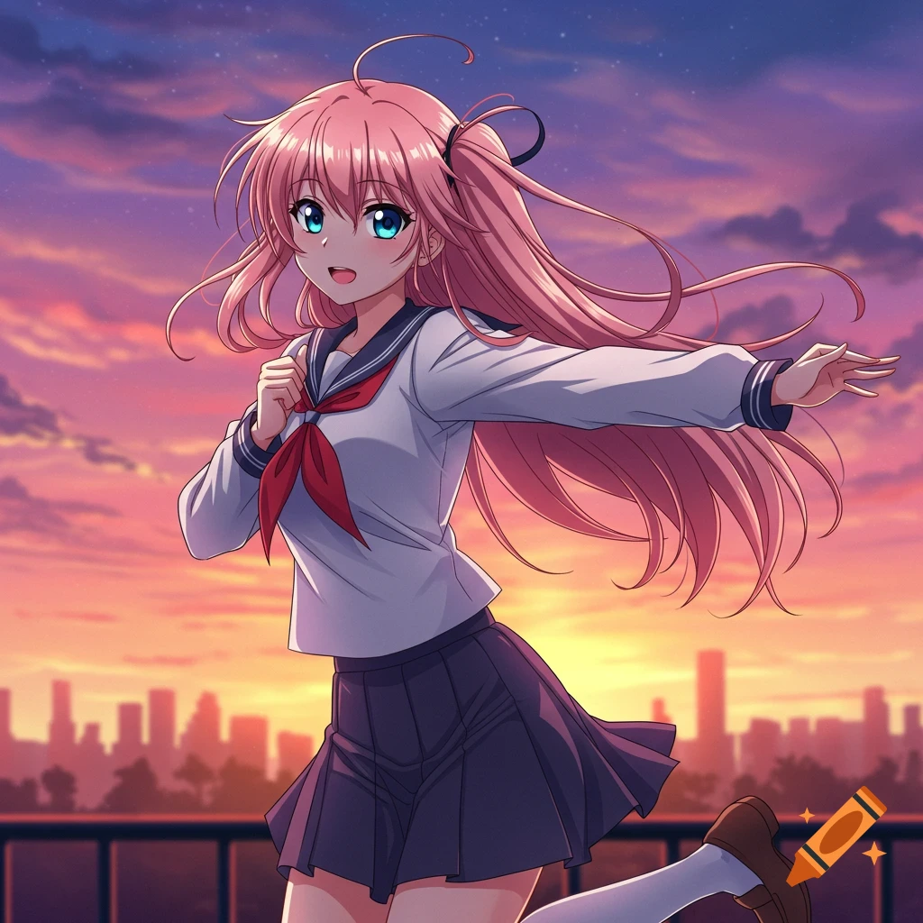 Anime girl with pink hair running, wearing a school uniform against a sunset city skyline.