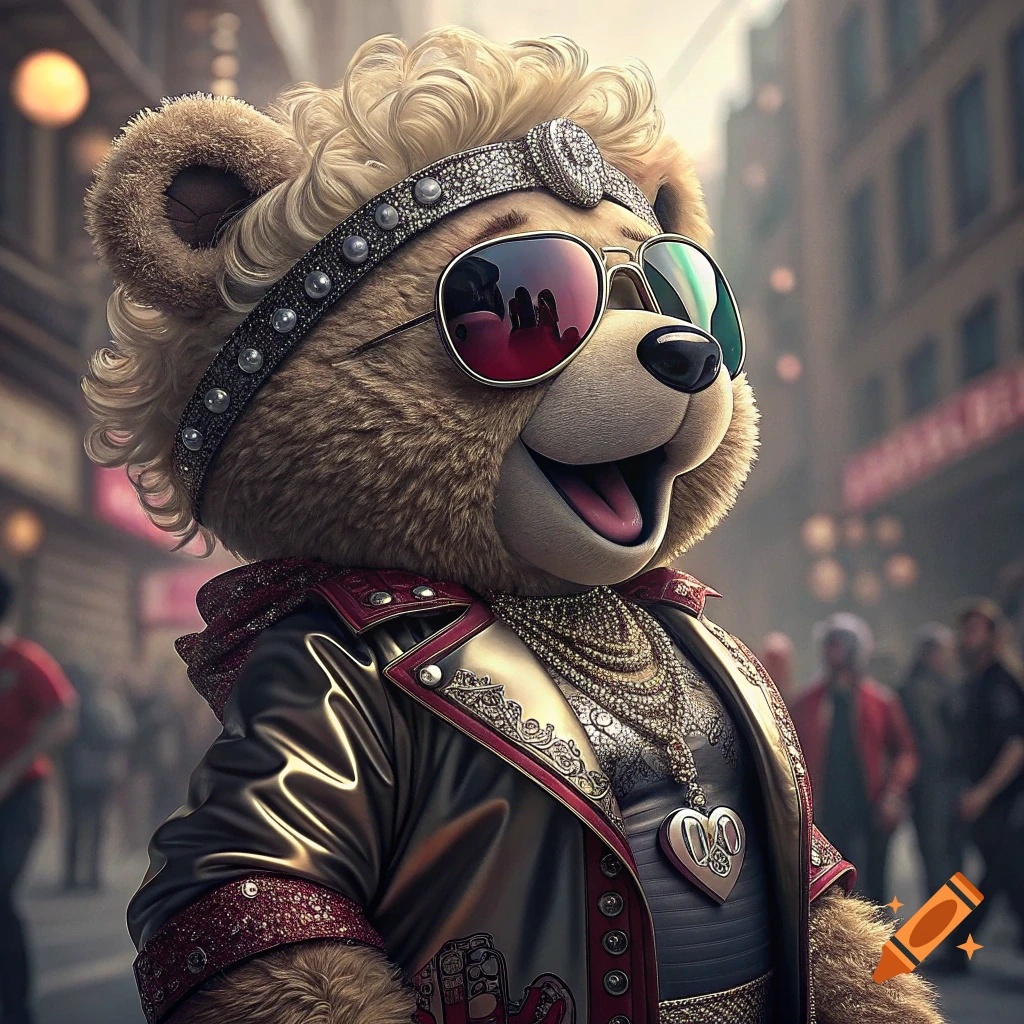 A teddy bear dressed in a golden jacket, jewelry, and sunglasses standing on a street.