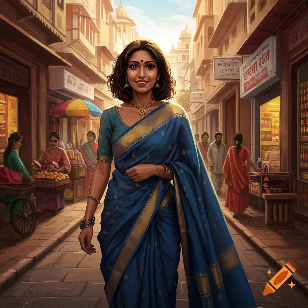 A woman in a blue saree walking down a bustling Indian street lined with shops.