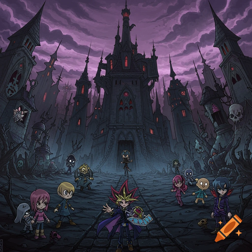 Chibi Yu-Gi-Oh! characters in front of a dark gothic castle under a purple sky.