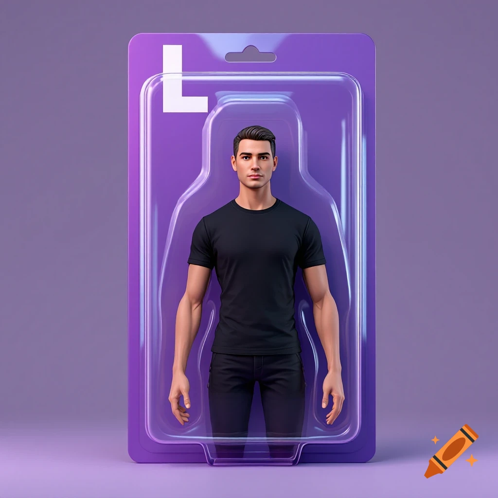 Realistic figure in purple toy blister packaging with white 'L'