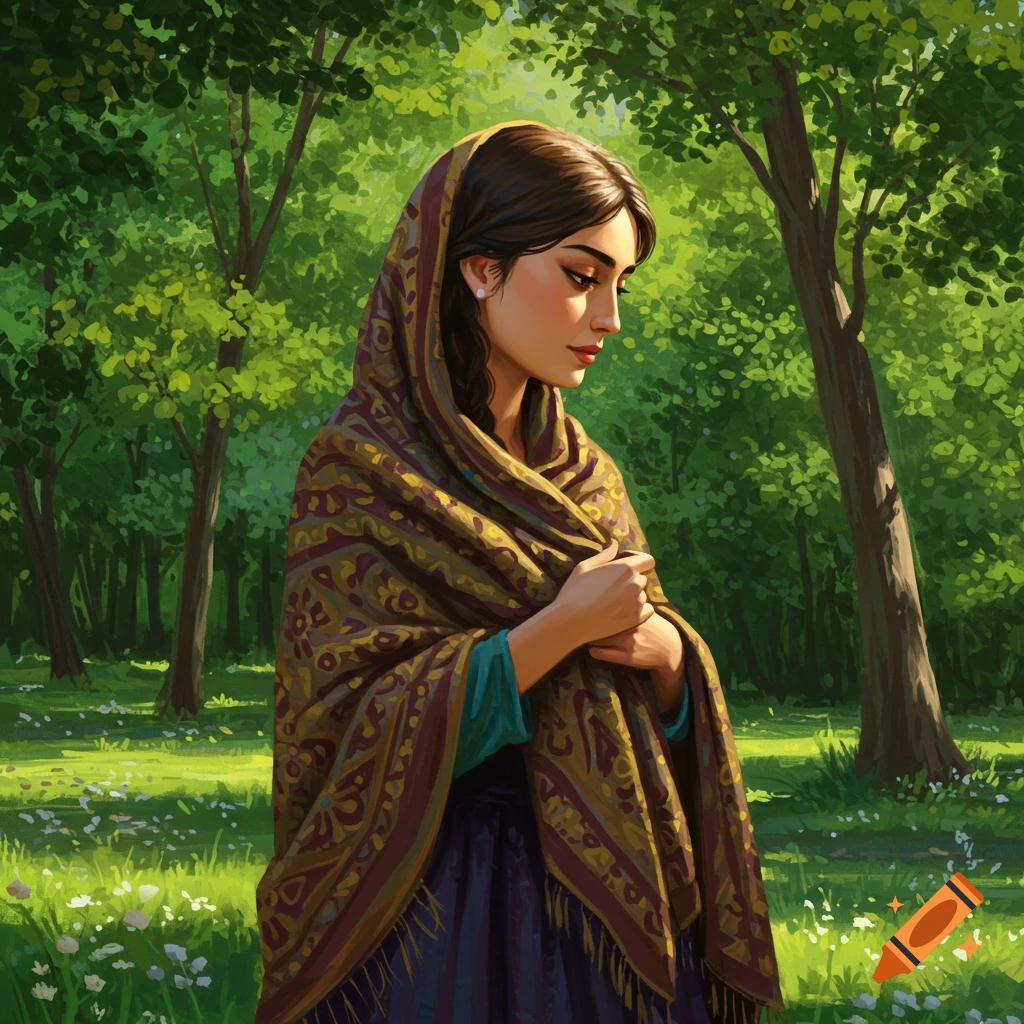 A painting of a young woman wearing a patterned shawl in a spring forest landscape.