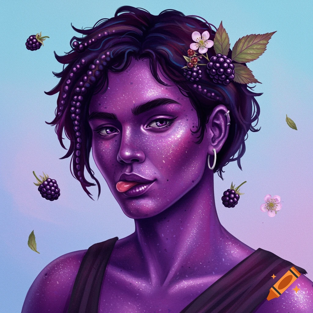 A person with purple sparkly skin, dark hair adorned with blackberries, and a playful expression.