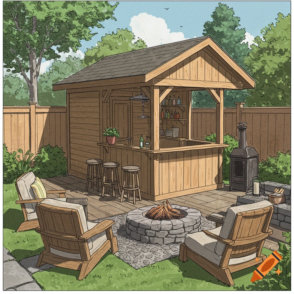 A backyard bar area is shown with stools, a fire pit, and lounge chairs.