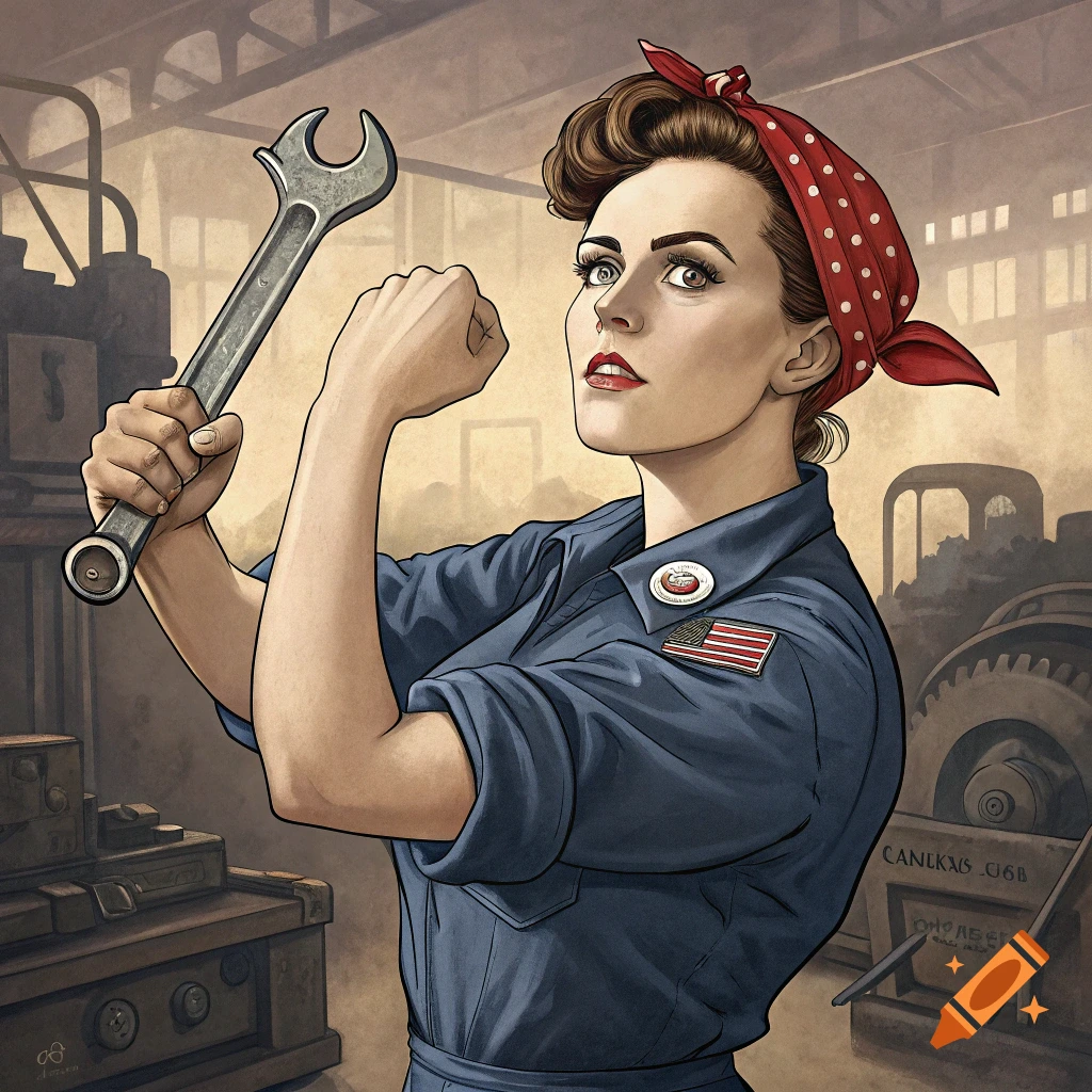 Illustration of a woman resembling Rosie the Riveter, wearing a bandana and work shirt, flexing her arm and holding a wrench in a factory.