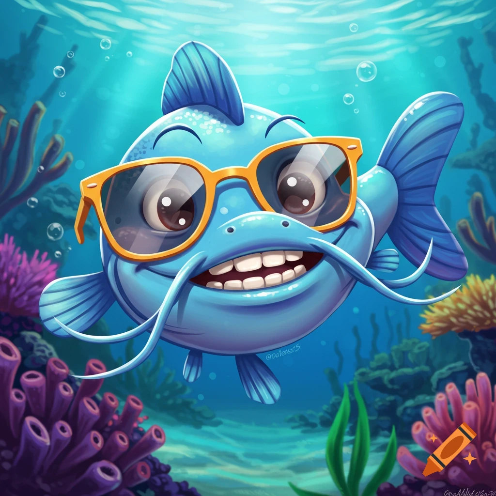A cartoon blue catfish wearing orange sunglasses smiles underwater among coral reefs.