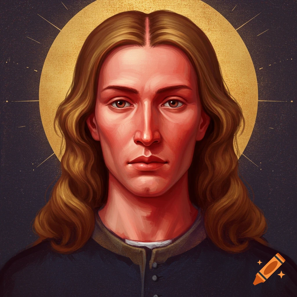 A portrait painting of a person with long brown hair and a gold halo against a dark background.