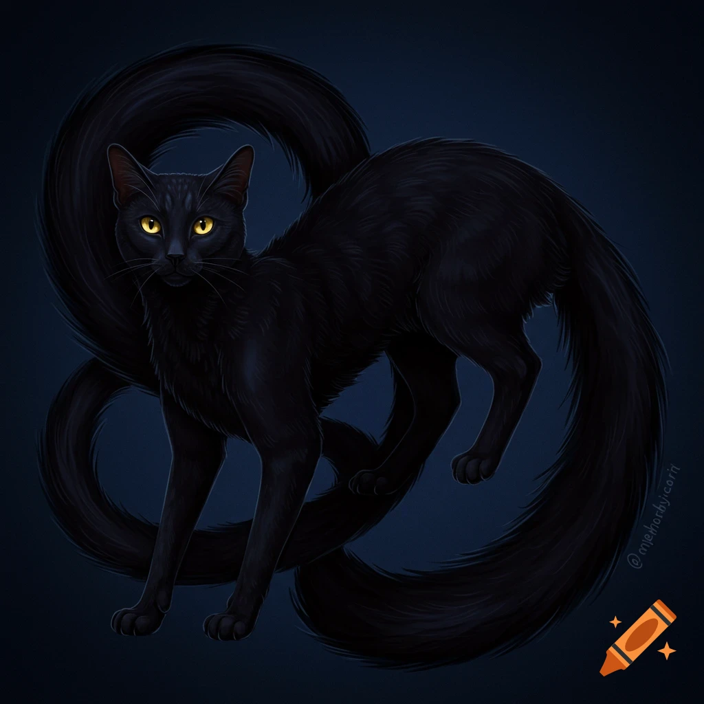 A black cat with two swirling tails stands against a dark blue background.