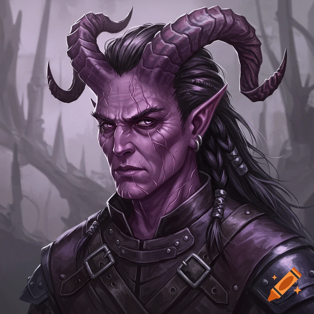 A purple Tiefling character with scars and horns.