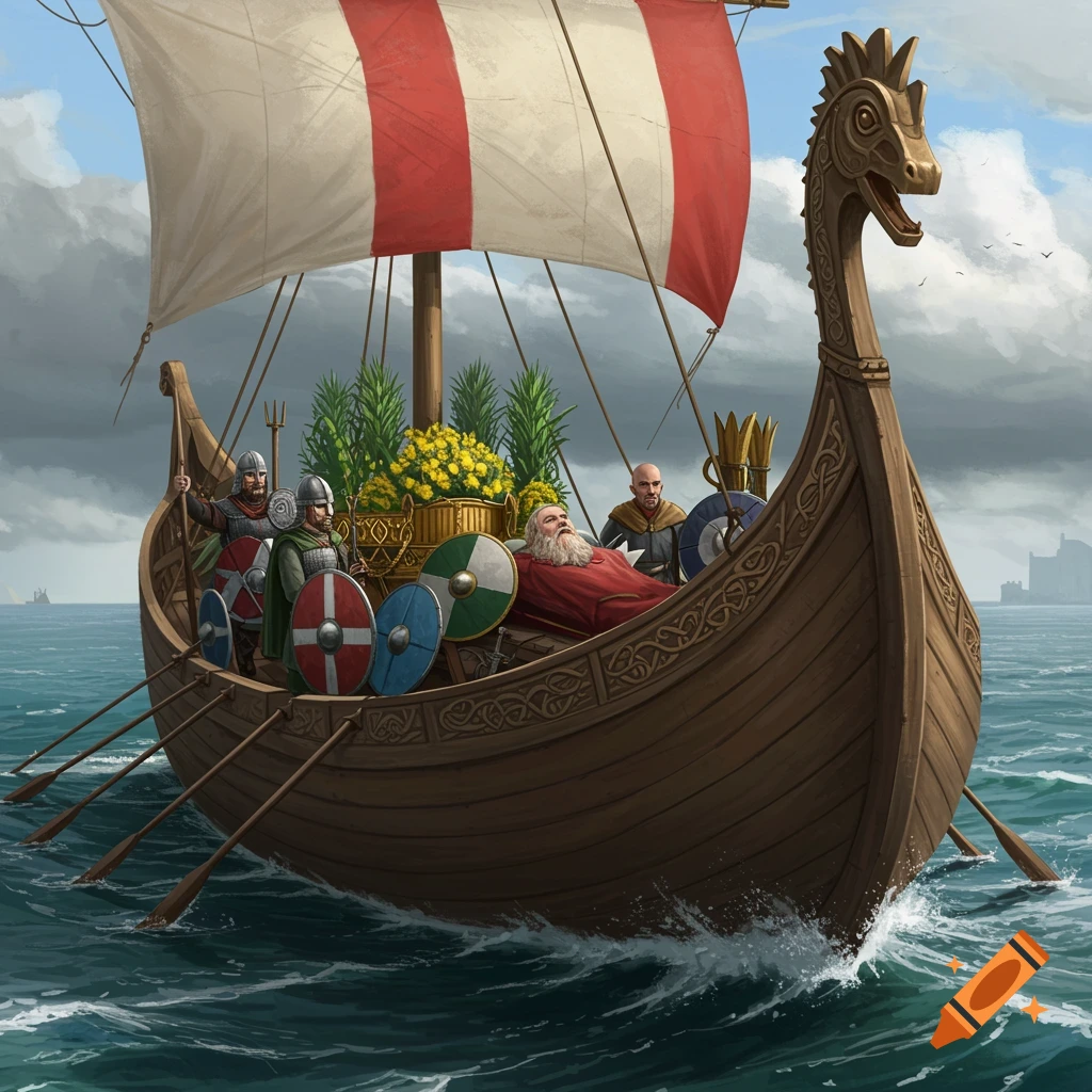 Viking longship funeral at sea with a body, oarsmen, and treasures.