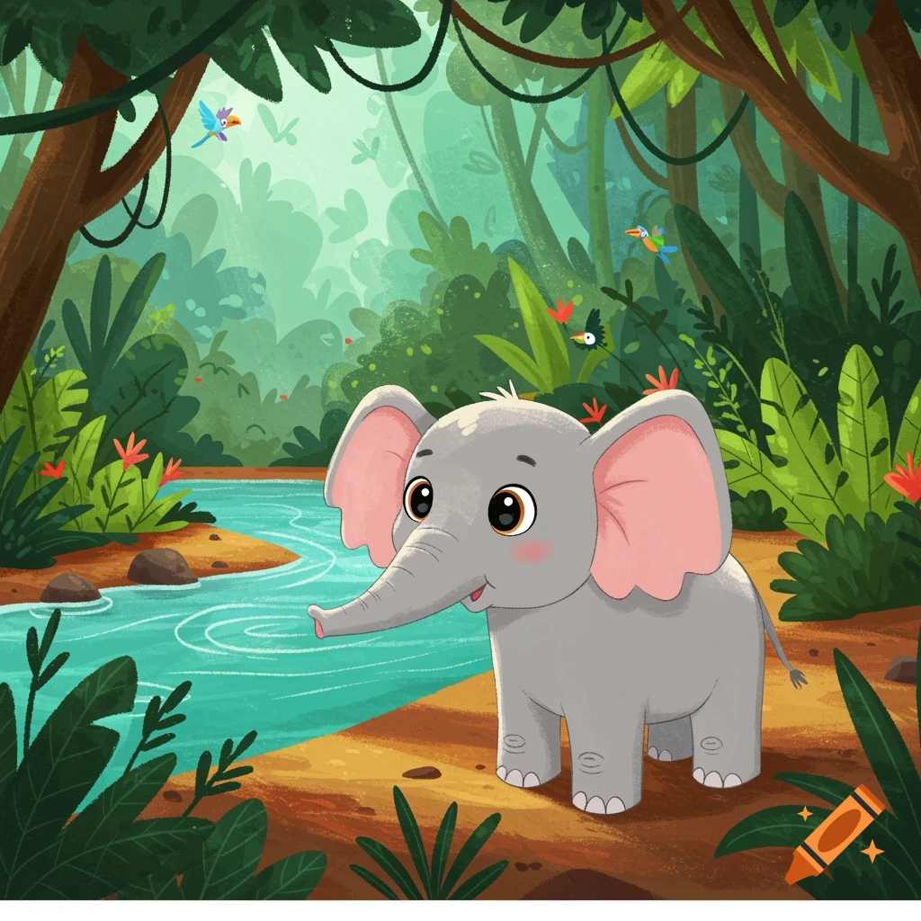 A cheerful cartoon baby elephant stands by a river in a lush jungle.