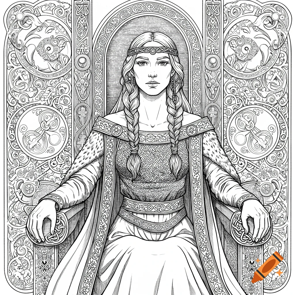 Black and white line drawing of a woman with braided hair and diadem, wearing a formal dress and sitting on an ornate throne.