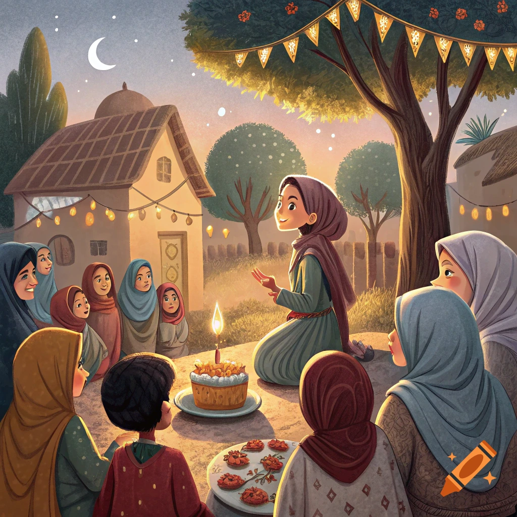 Illustrative scene of people in a village celebrating around a cake at dusk.
