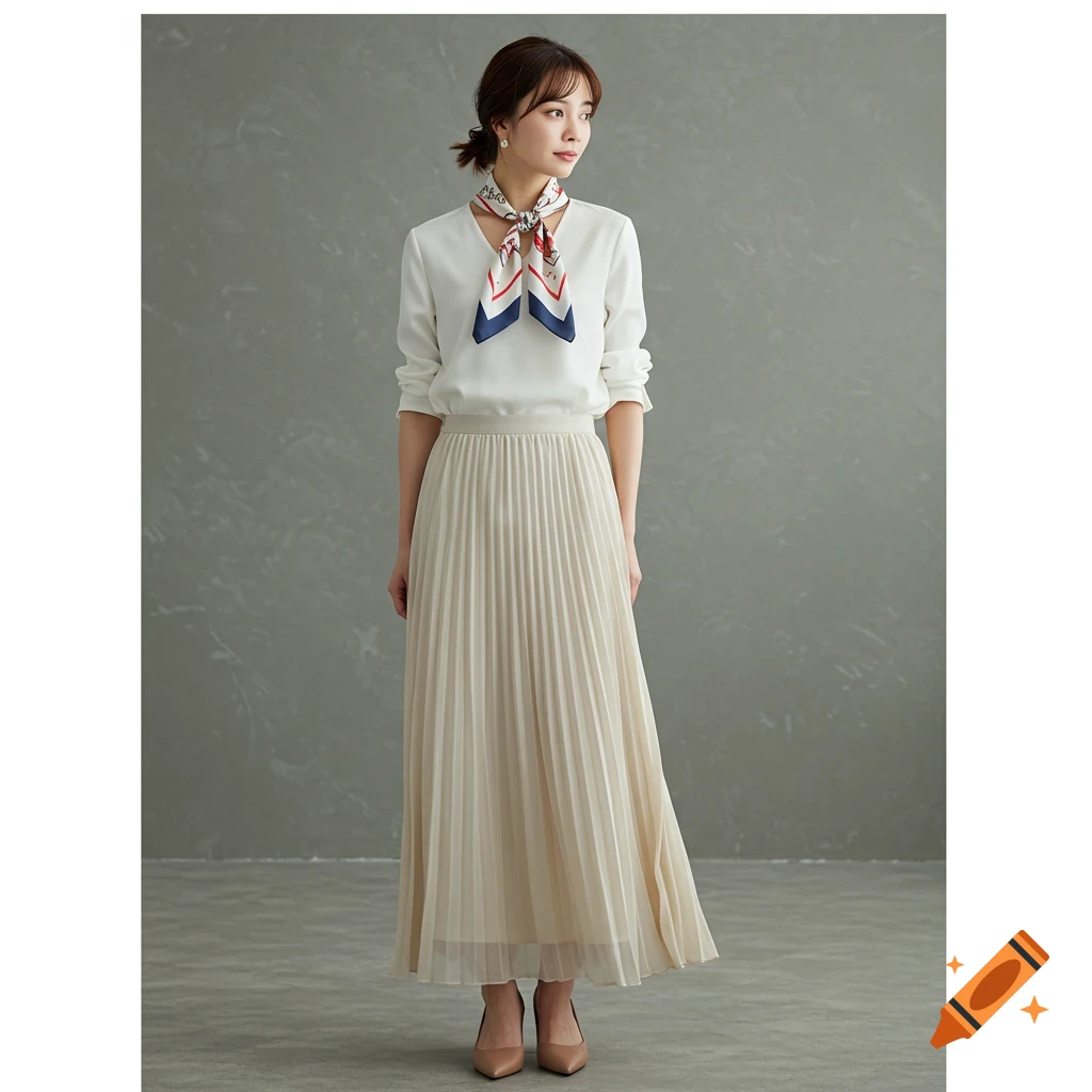 Photorealistic image of a woman wearing a white blouse, pleated maxi skirt, and silk scarf.
