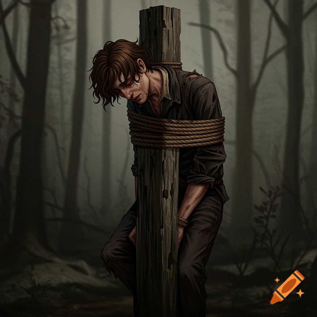 A pained man is tied to a wooden post in a dark, misty forest.