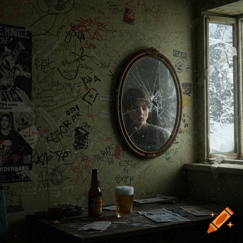 A grungy room with scribbled walls, a cracked mirror reflecting a face, a desk with beer, and a snowy window.