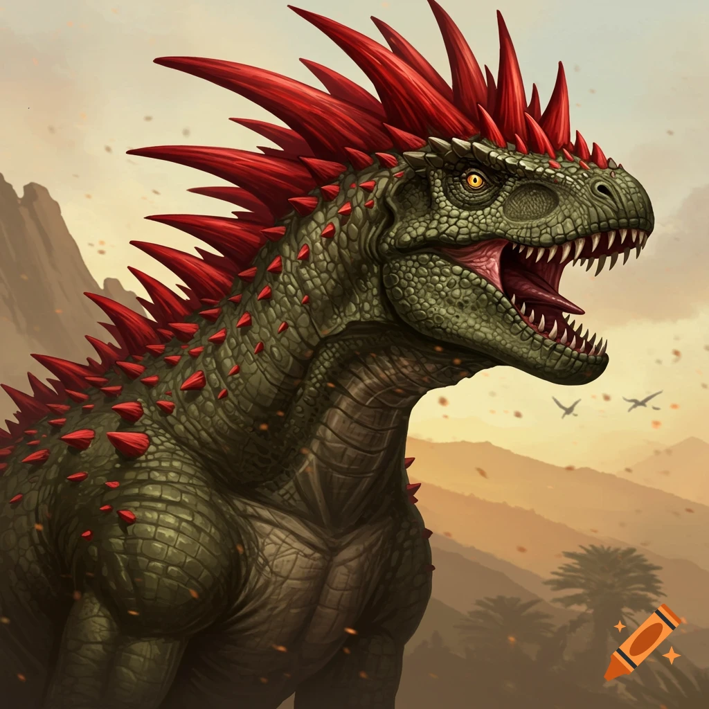 A green dinosaur with red spikes is in a prehistoric landscape.