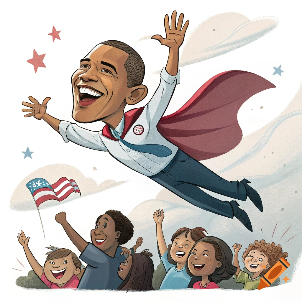 Cartoon of Barack Obama flying like a superhero above cheering children waving an American flag.