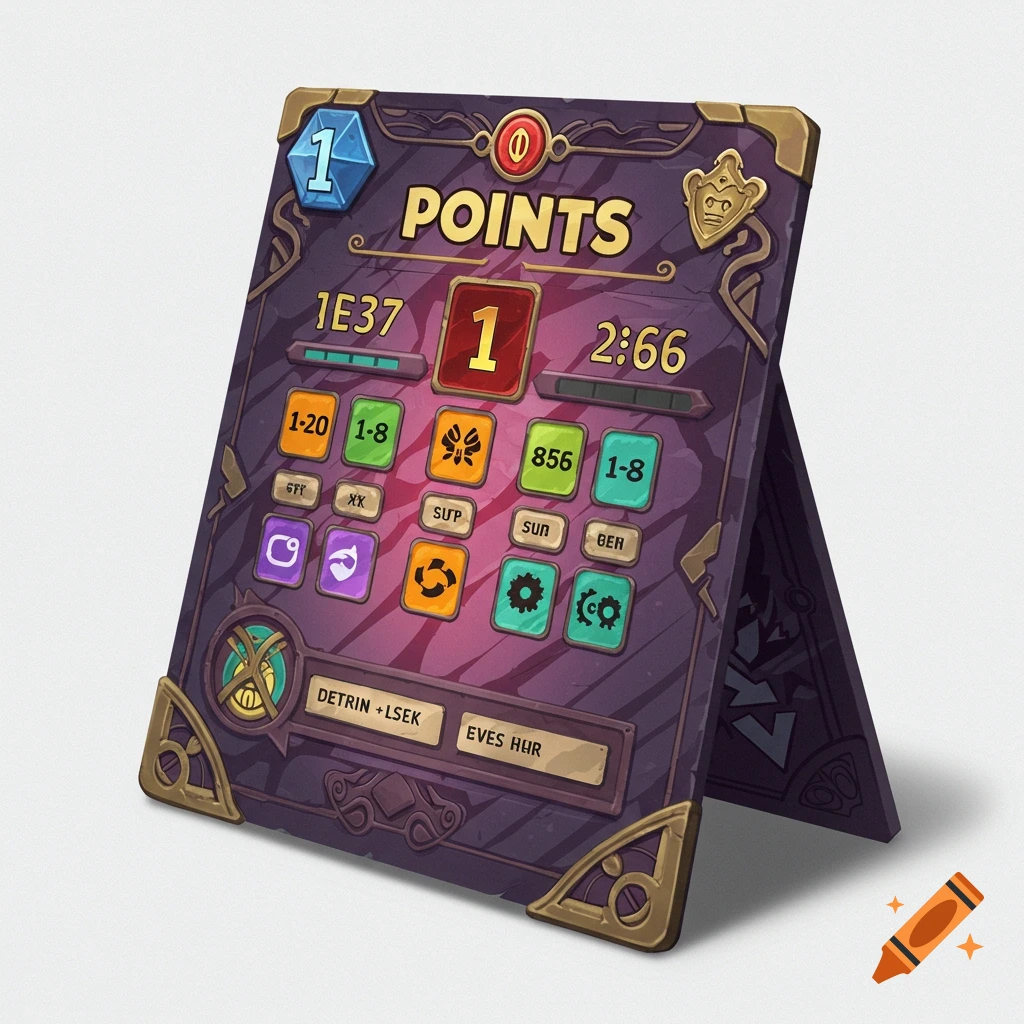 A stylized fantasy game score card.