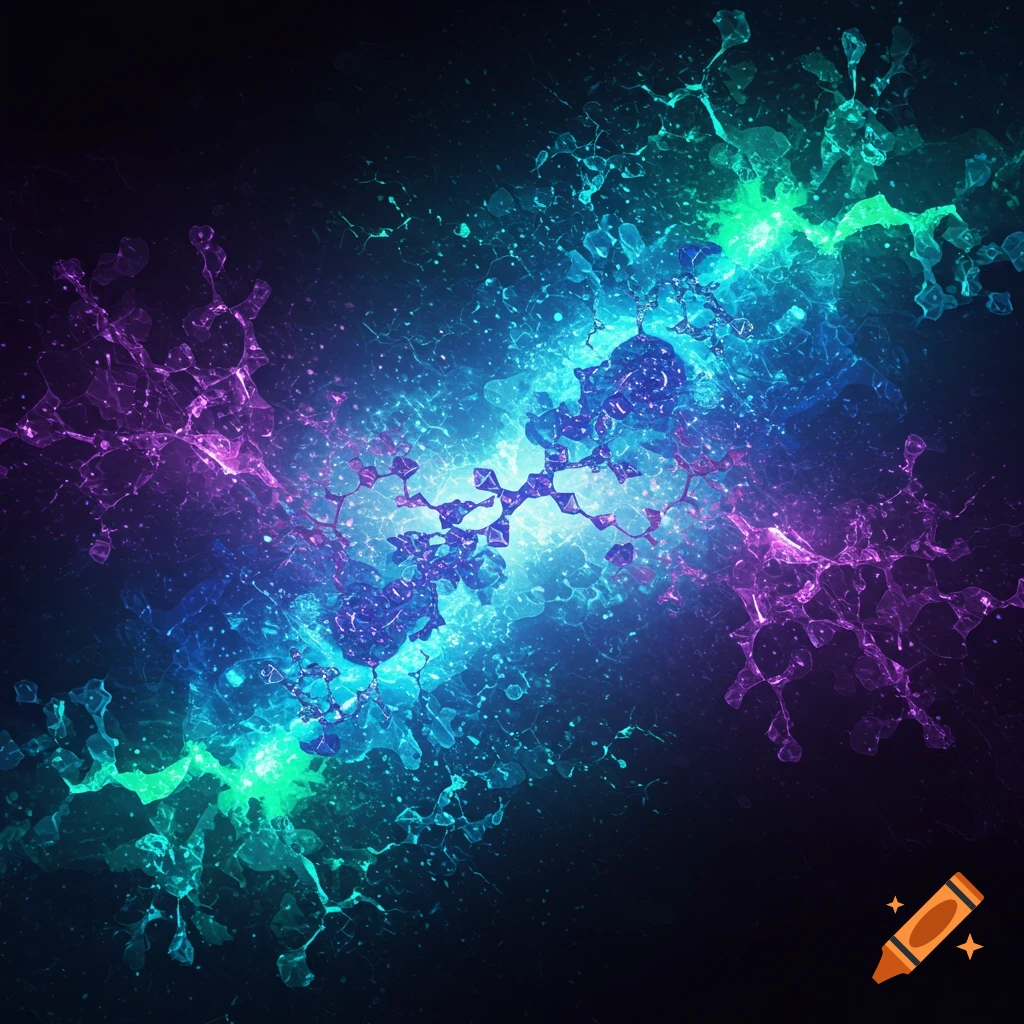 Abstract image of glowing blue, green, and purple energy and molecular shapes.