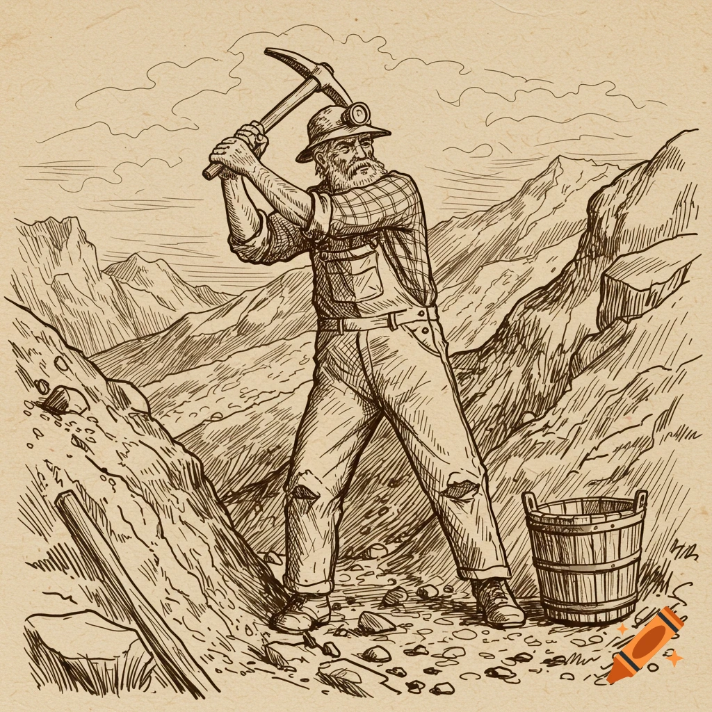 Vintage drawing of a miner with a pickaxe in a mountain landscape.