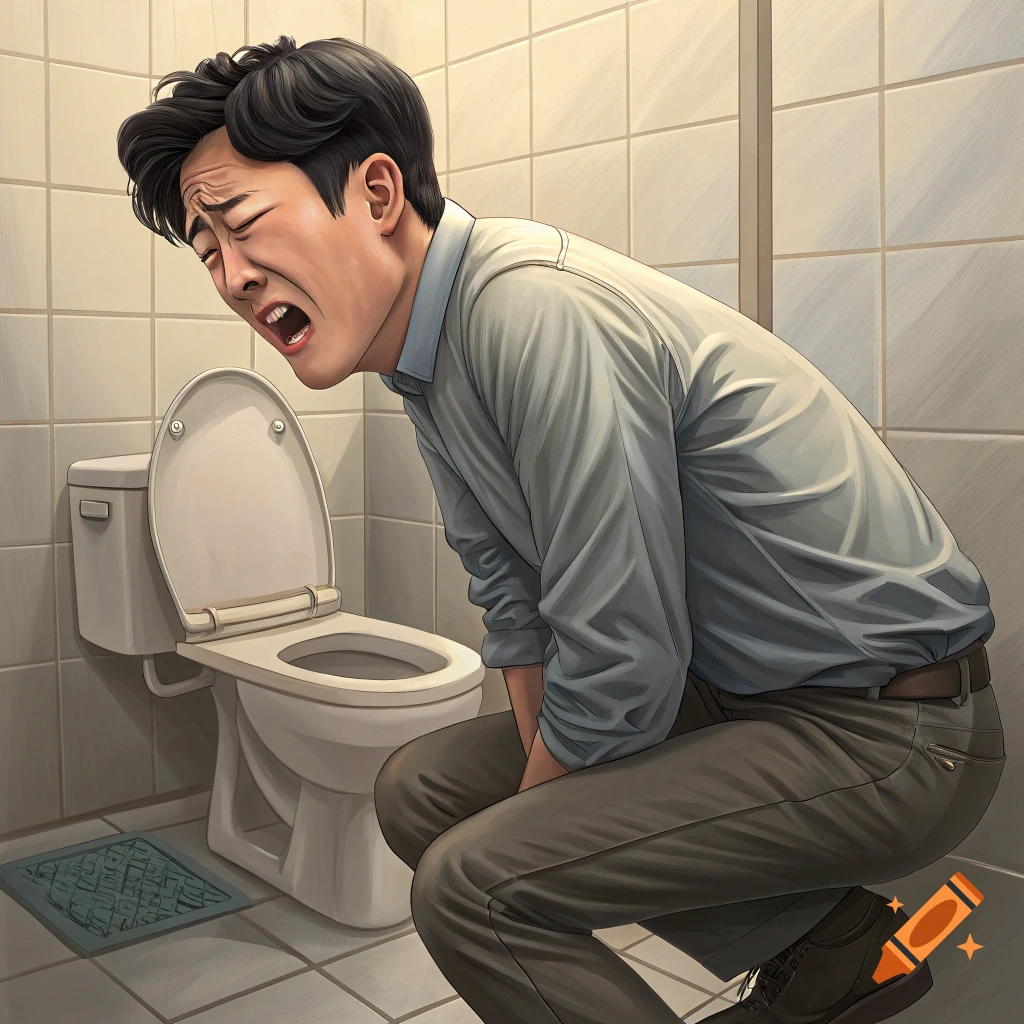 Illustration of a man grimacing while crouching over a toilet.