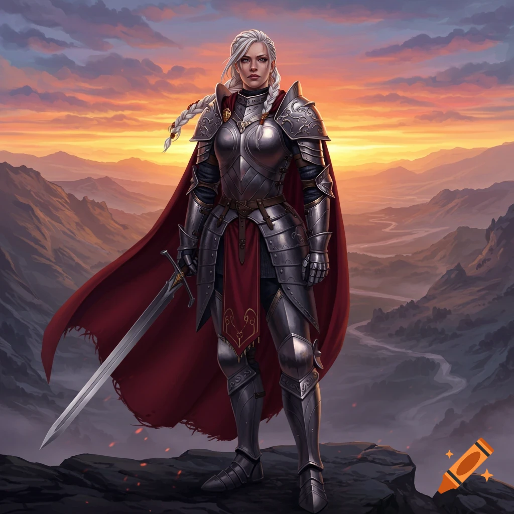 A female knight in full plate armor stands on a rocky ledge, overlooking a valley at sunset.