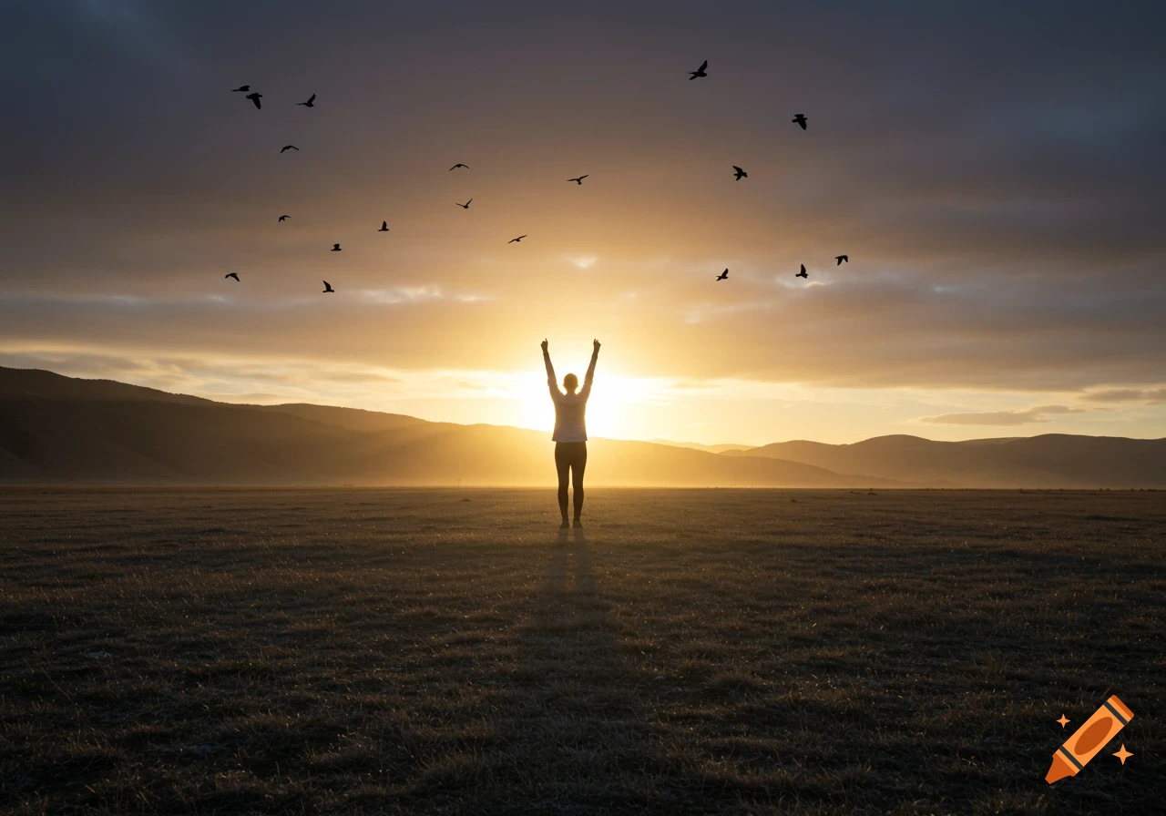 Person stands with arms raised watching a vibrant sunset over a field with birds flying.